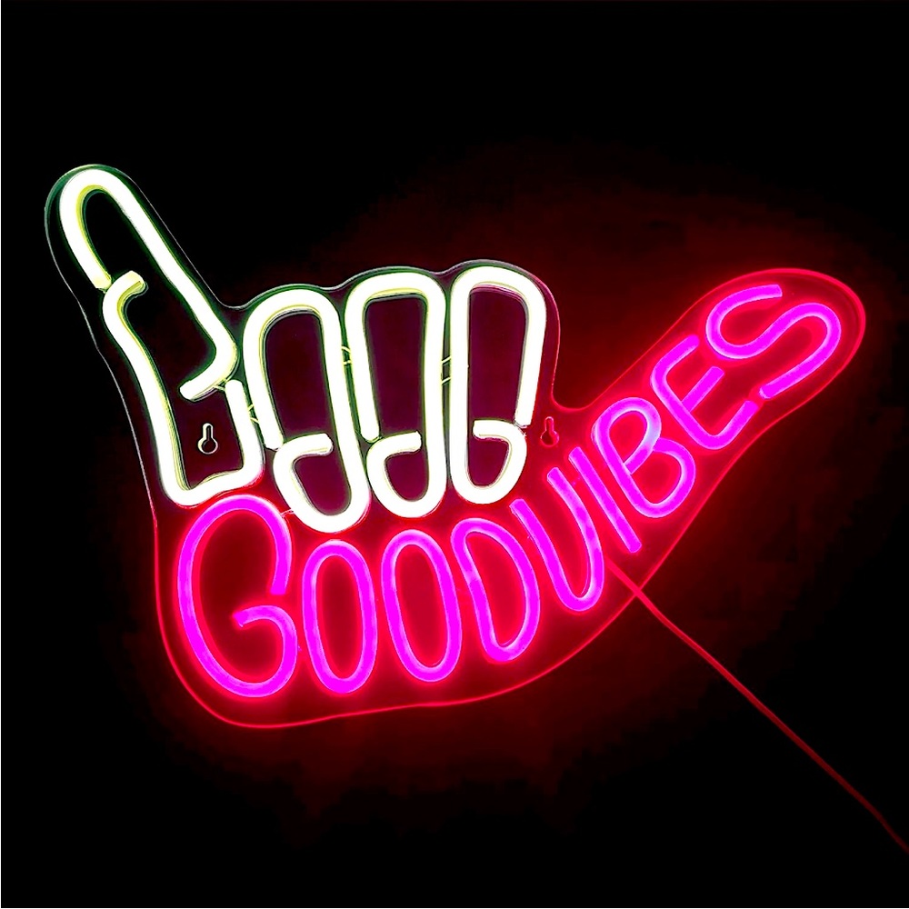 Neon Sign Good Vibes Pink White Hippie Retro 90s Party Birthday Room Light Decor